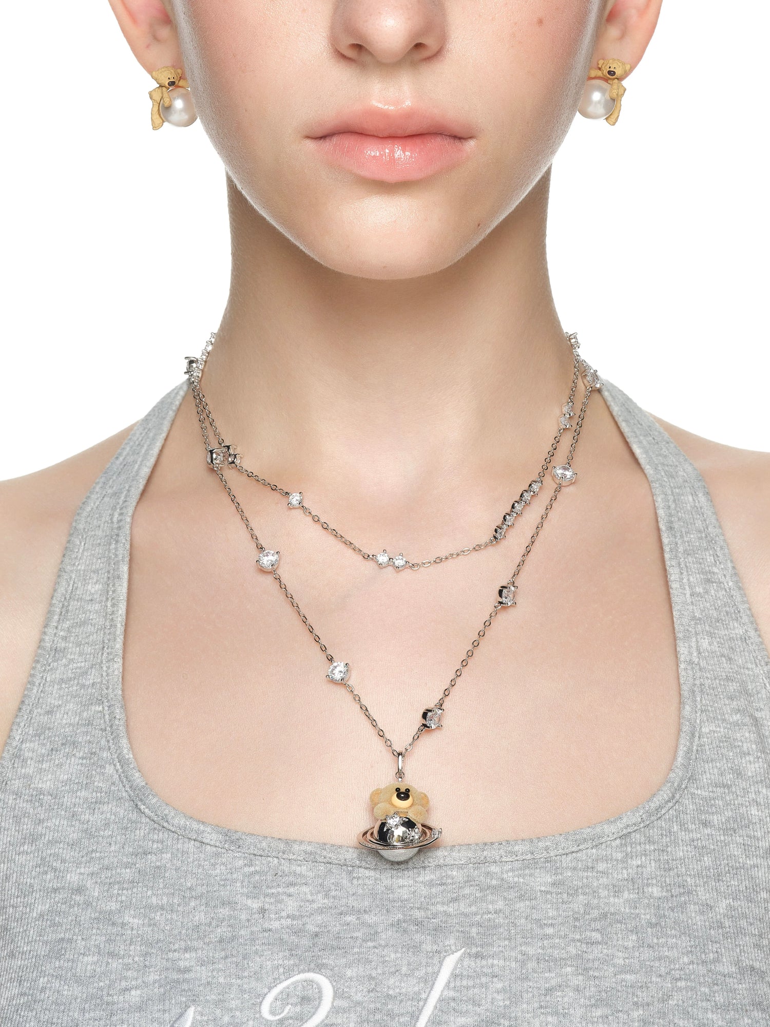 Flocked Bear Double Layer Necklace
