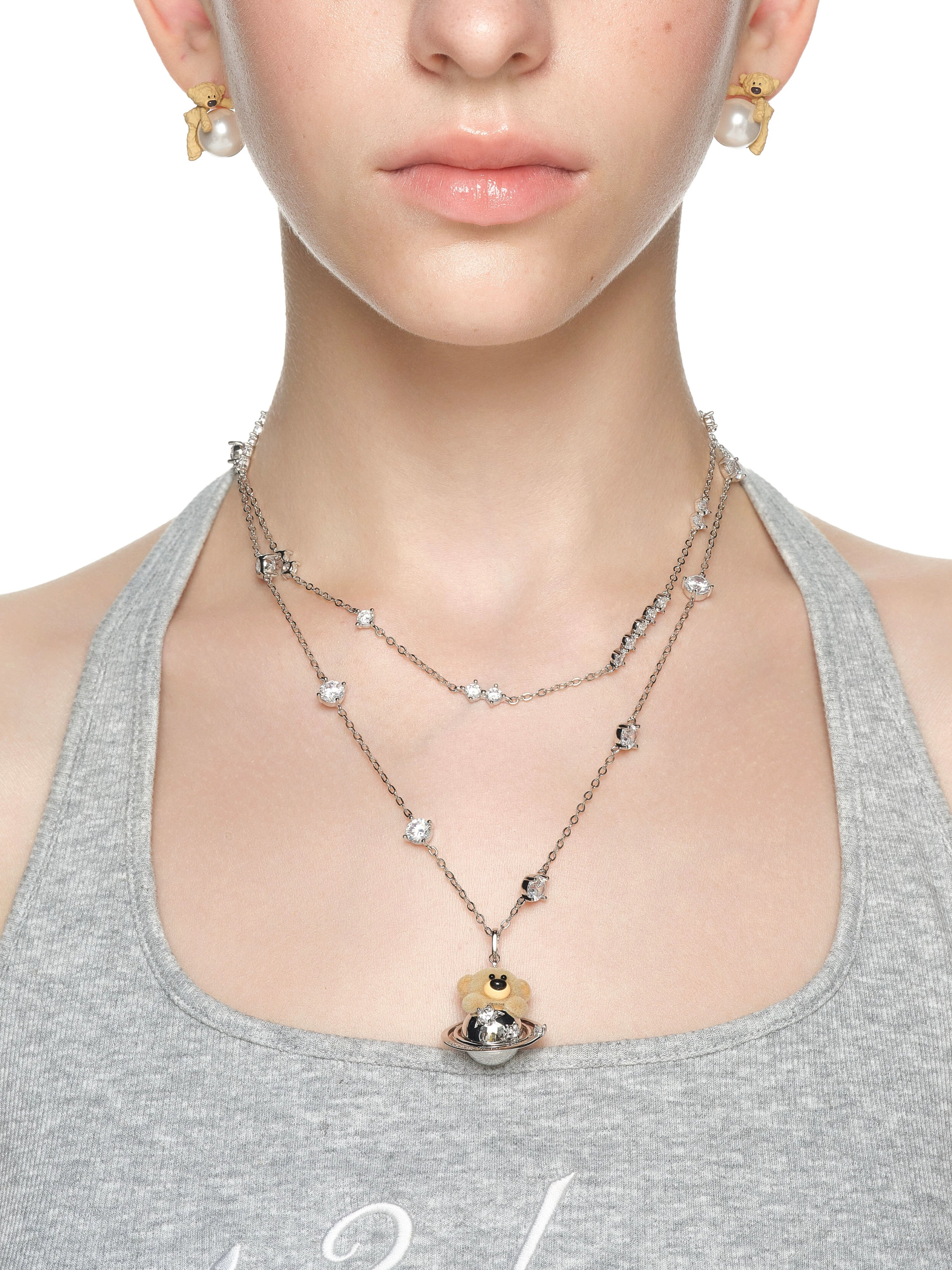 Flocked Bear Double Layer Necklace