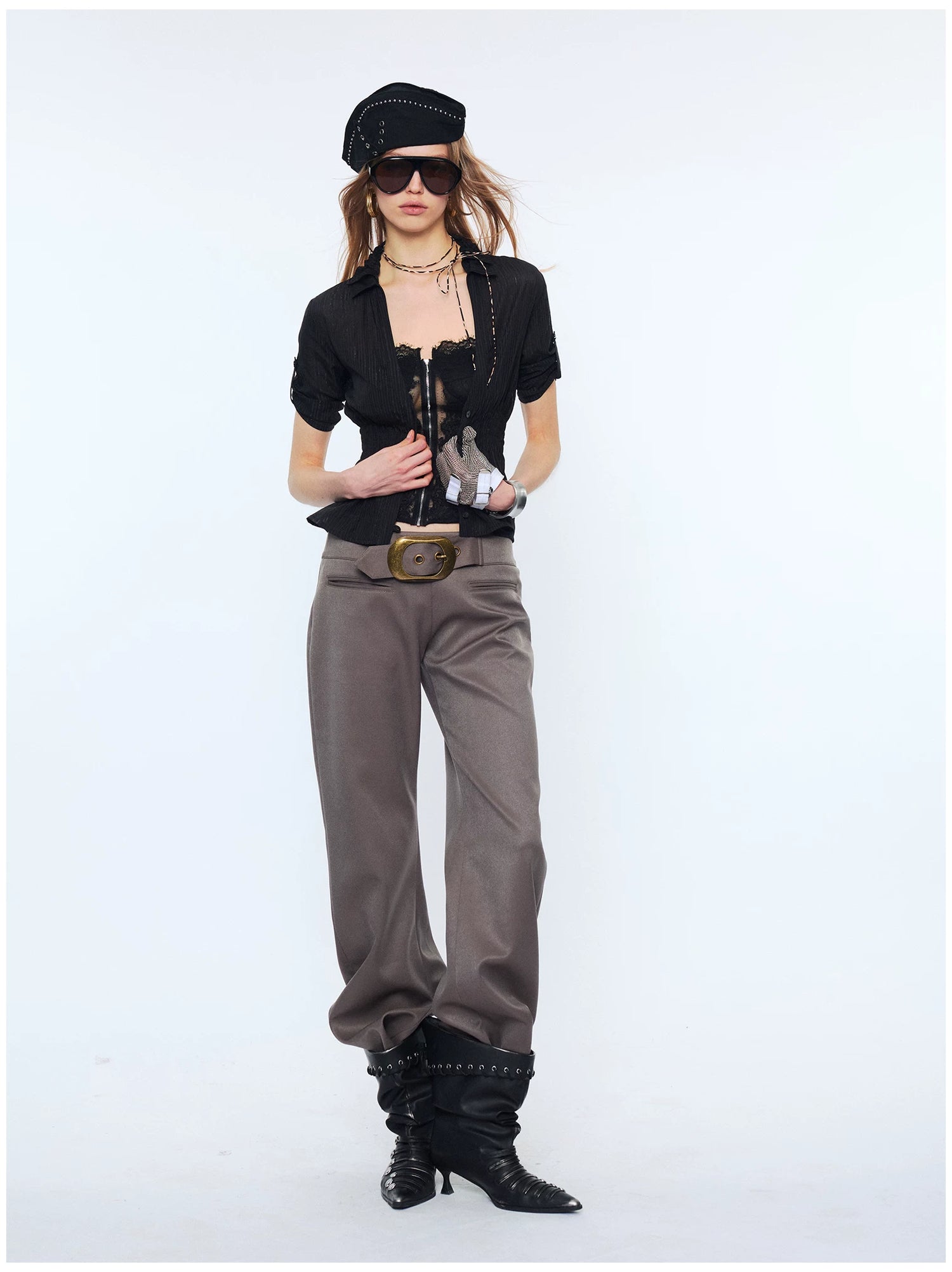 Contrast Lace Panel Two-Piece Shirt