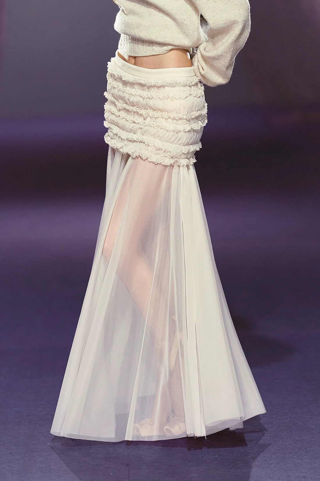 Ruched Semi-Sheer Mesh Maxi Skirt