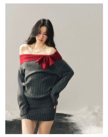 Off-Shoulder American-Style Knit Mini Dress