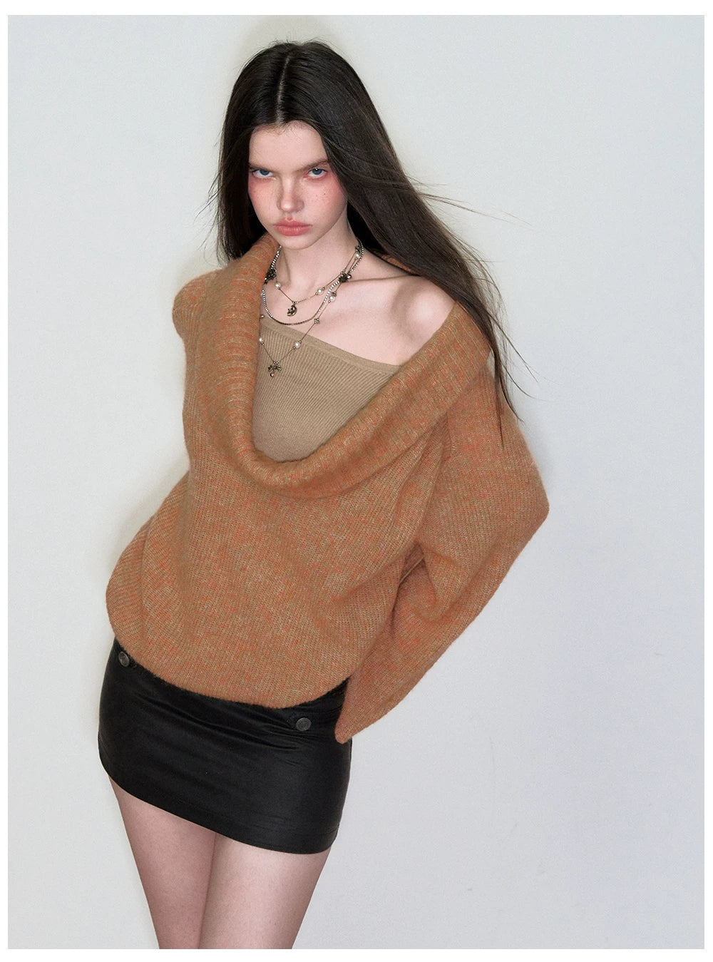Relaxed Cowl-Neck Pullover Wool Knit Sweater