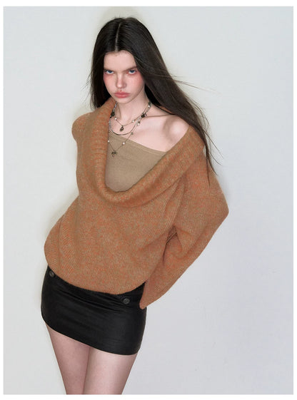 Relaxed Cowl-Neck Pullover Wool Knit Sweater