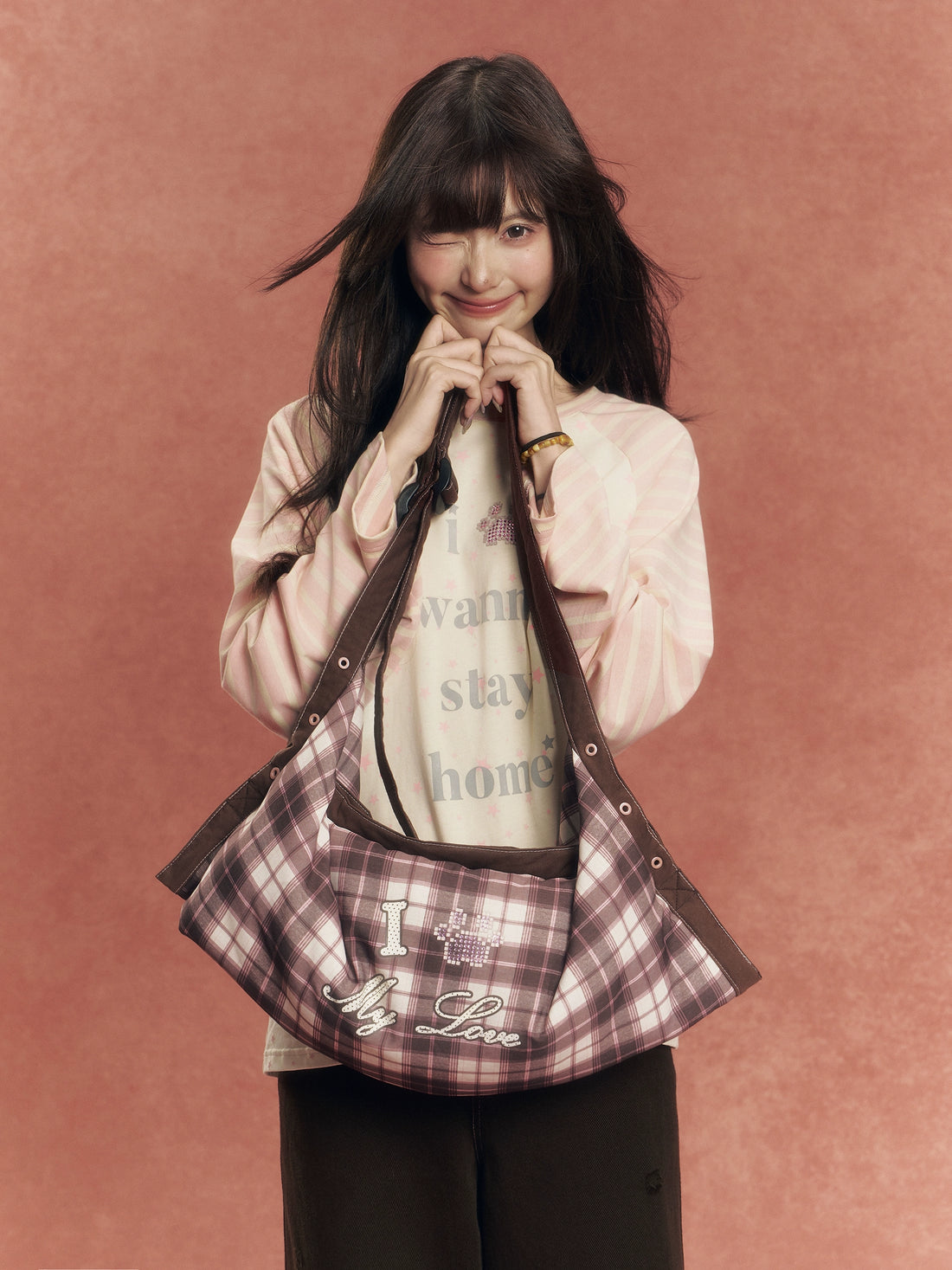 Crystal-Embellished Plaid Pillow Bag