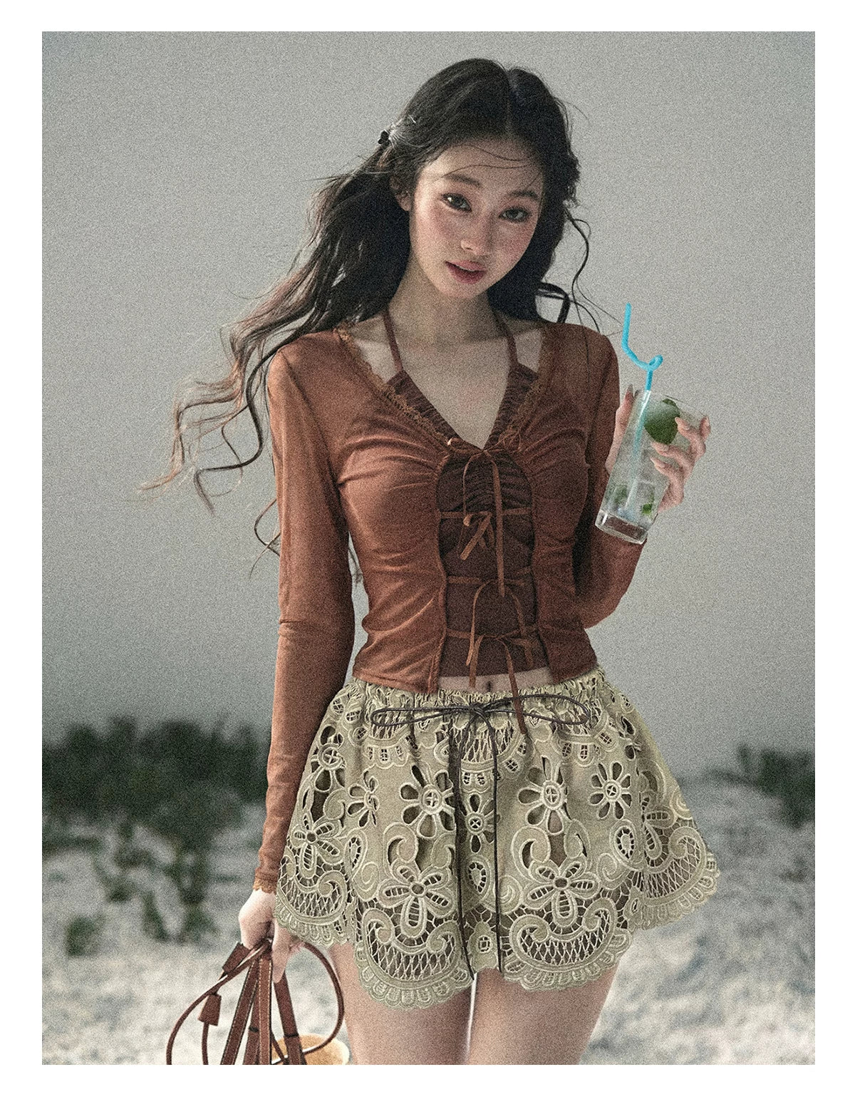 Soft Sand Ruched Tie-Front Cardigan