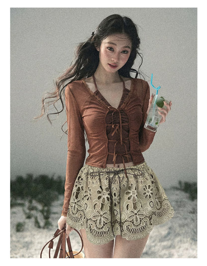 Soft Sand Ruched Tie-Front Cardigan