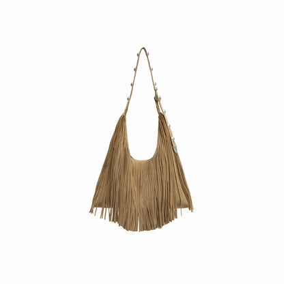 Suede Tassel Studded Shoulder Bag