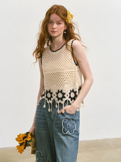 Sleeveless Fringe Flower Crochet Vest