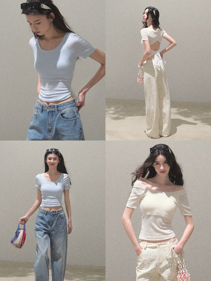 Turn-Back Glance Bow Backless Slim-Fit T-Shirt