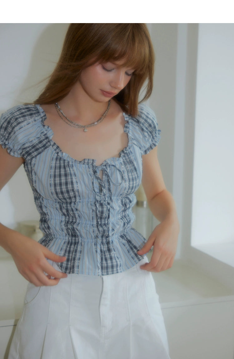 Blue Gingham Bubble Sleeve T-shirt