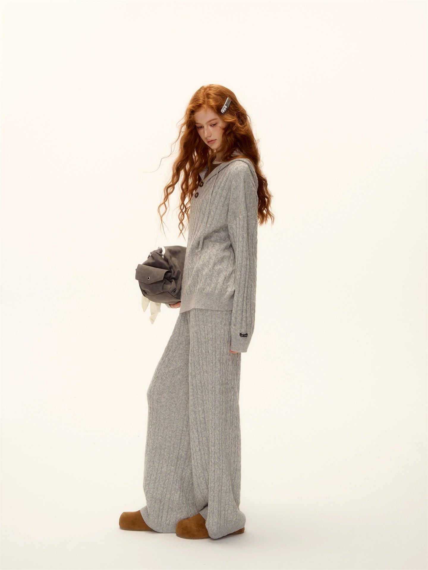 Wool Blend Cable-Knit Hoodie &amp; Wide-Leg Pants Set