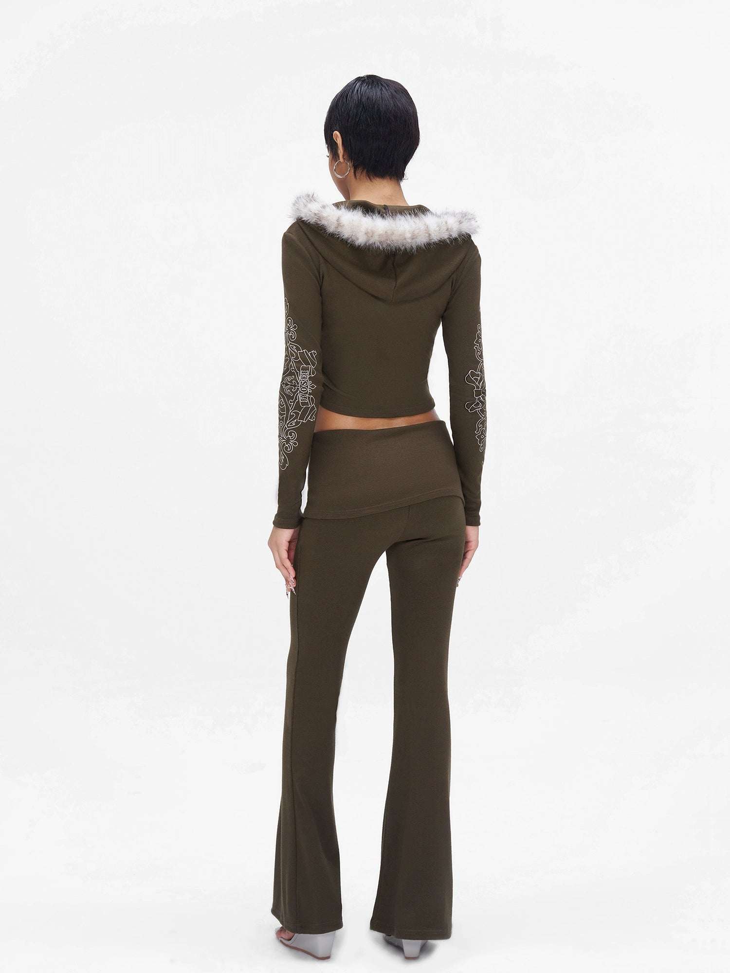 Knit Hooded Top &amp; Flare Pants Set