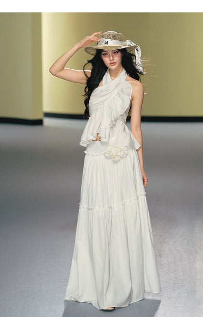 Lyocell Satin Ruffle Halter Top &amp; Floral Maxi Skirt Set