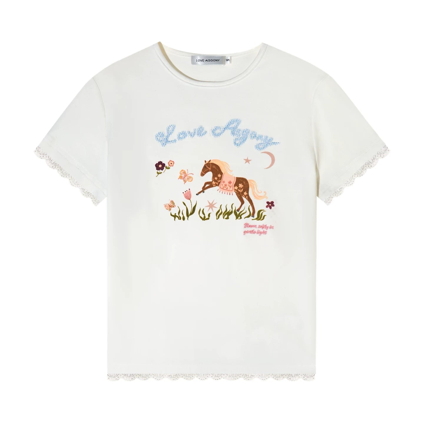 Contrast Lace Trim Embroidered Graphic Slim Fit T-Shirt