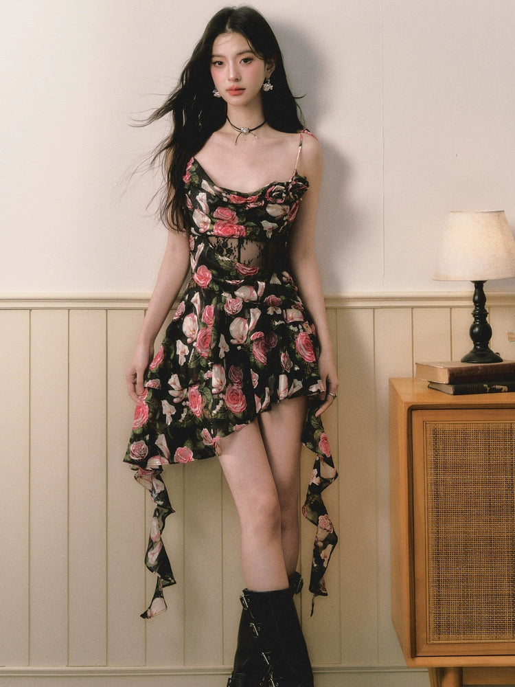 Black &amp; Pink Rose Floral Dress