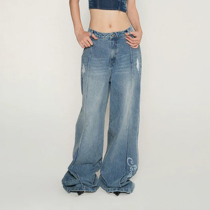 Laser Logo Seam Wide-Leg Denim Pants