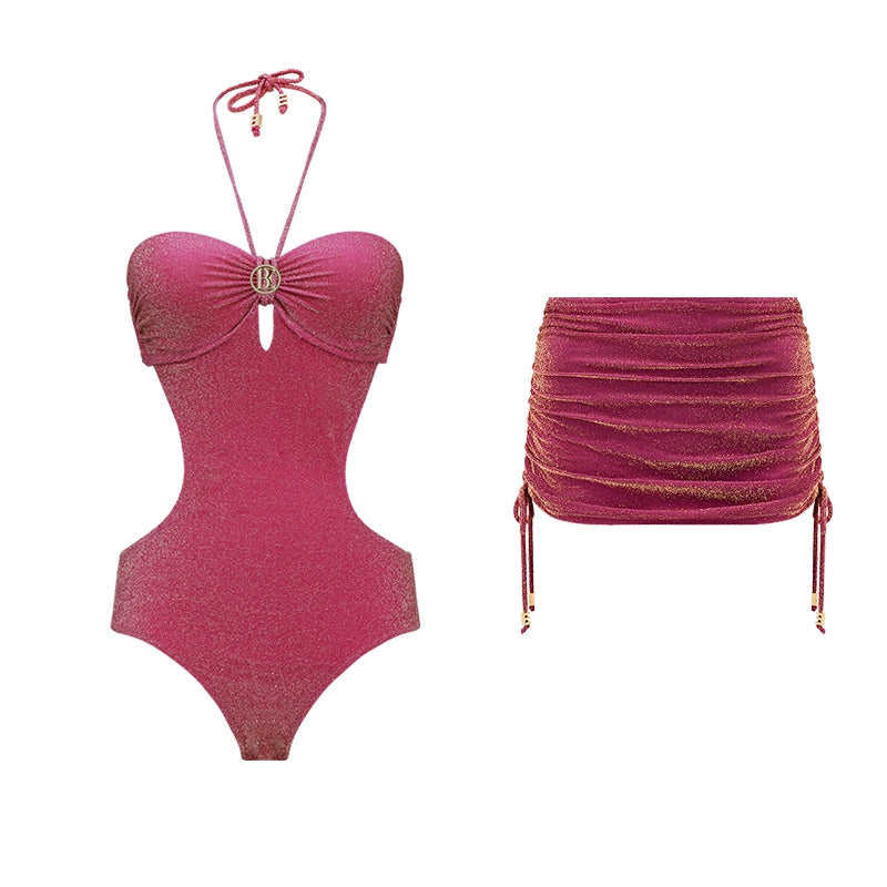 Rose Pink Sparkly Halter Bandeau One-piece Swimsuit