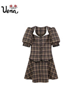 Peter Pan Collar Lace Plaid Bubble Sleeve Dress - CHINASQUAD