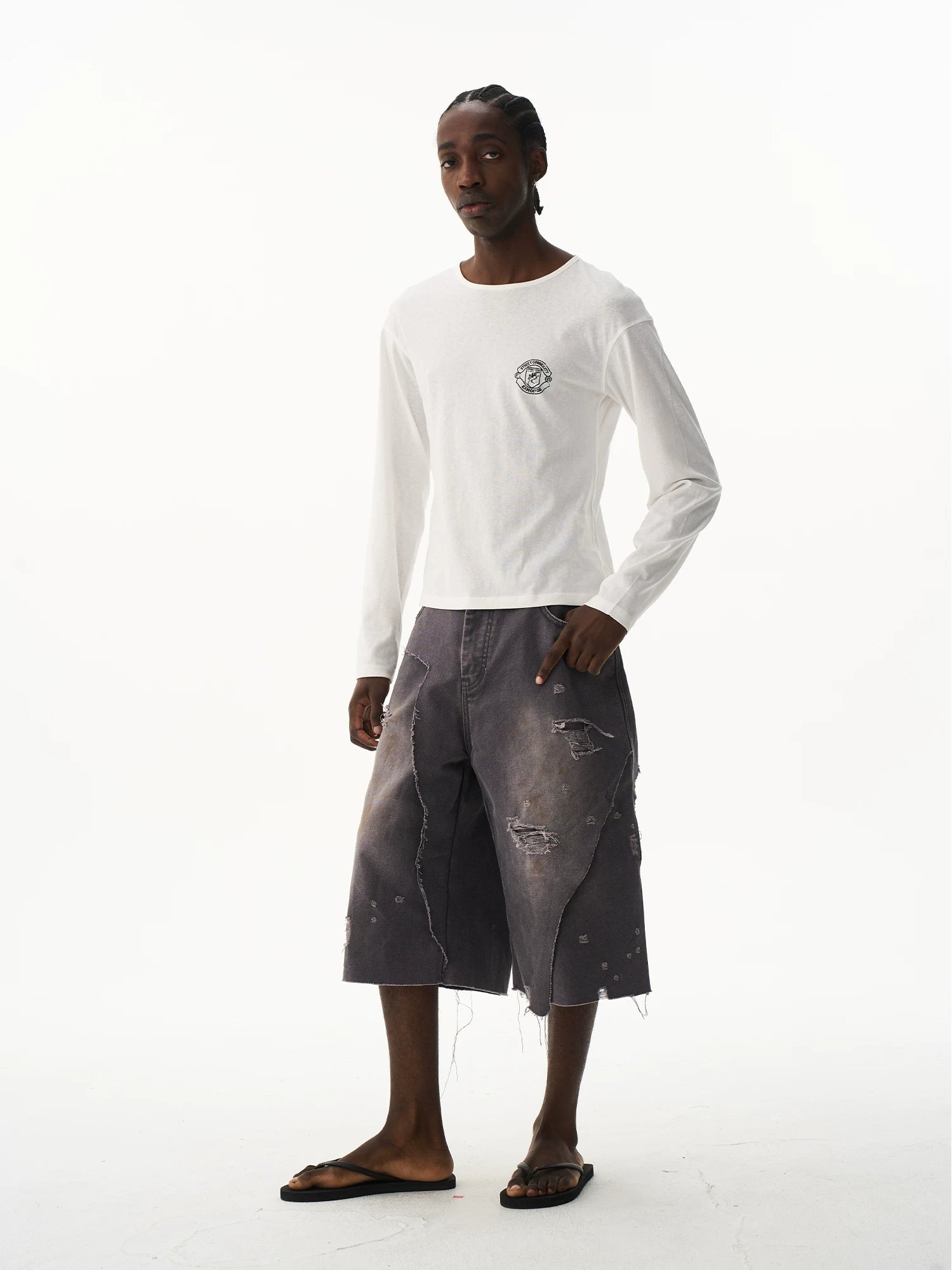 Distressed Double-Layer Washed Grey Shorts