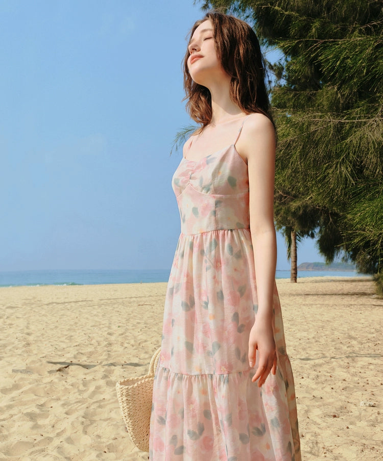 Pink Floral Waist-cinched Dress