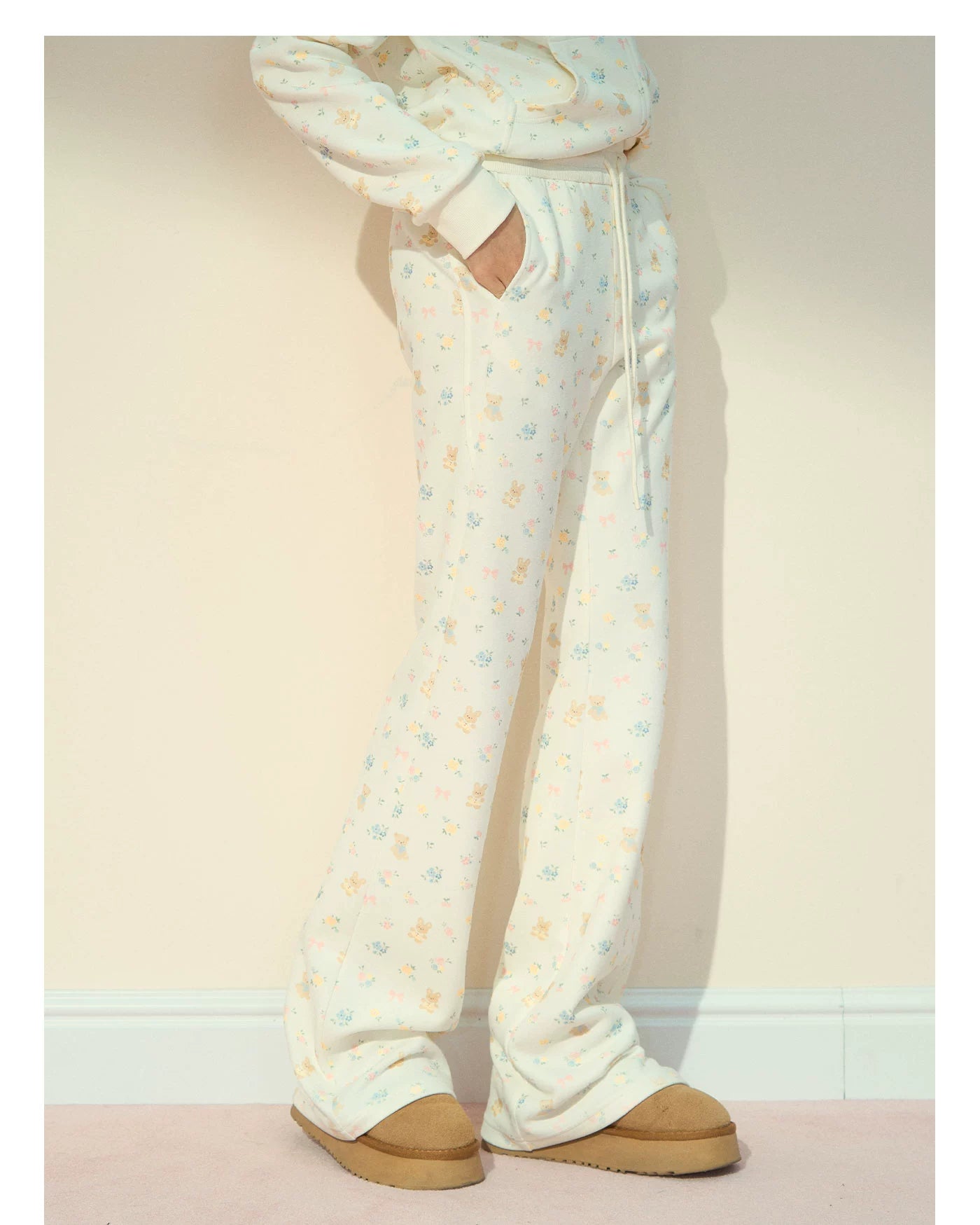 Floral Bunny Off-Shoulder Zip-up Sweatshirt