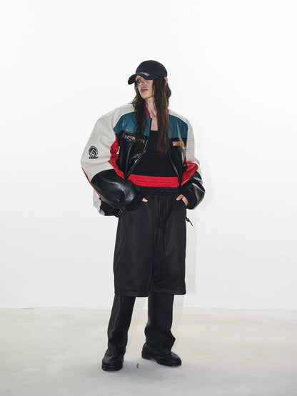 Color-Block Embroidered Moto Padded Jacket
