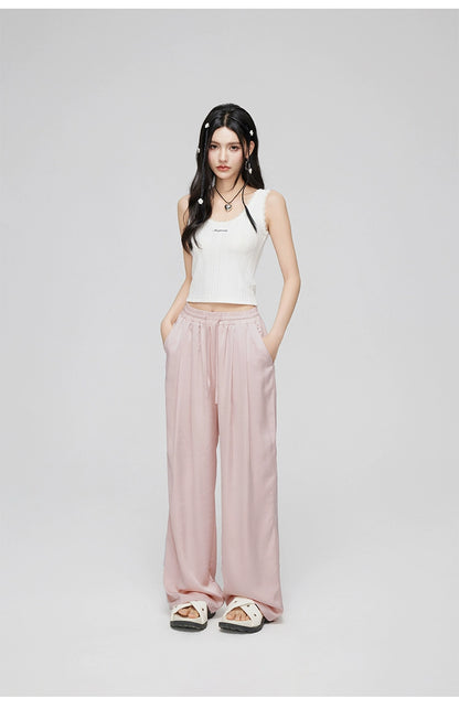 White &amp; Pink Ice Silk Drooping Wide-leg Pants - CHINASQUAD