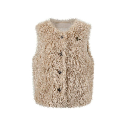 Curly Faux Shearling Brooch Vest