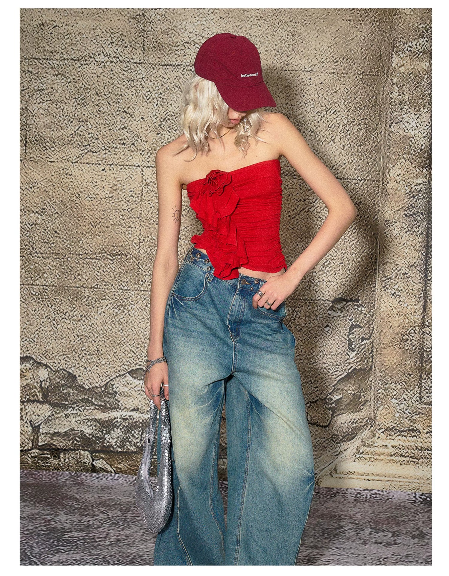 Red Floral Ruched Bandeau Crop T-shirt