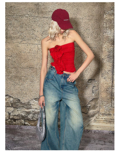 Red Floral Ruched Bandeau Crop T-shirt