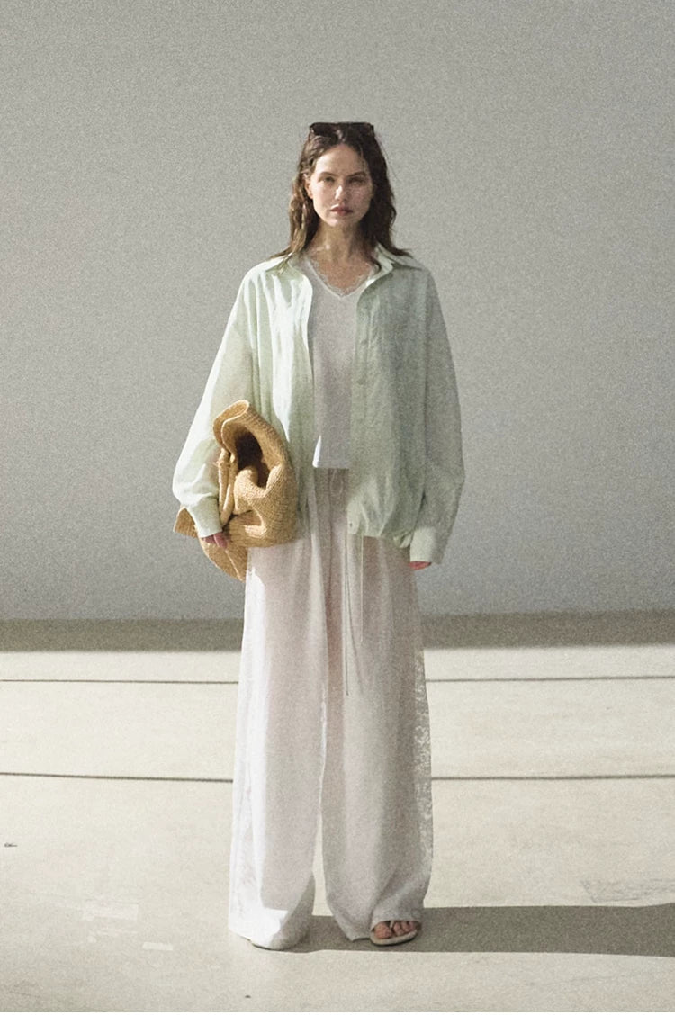 Lyocell Lace-Trimmed Flowing Wide-Leg Trousers