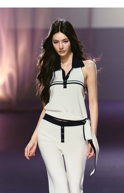 Relaxed Polo Halter Knit Top &amp; Flared Knit Pants Set