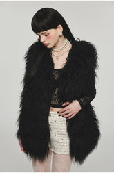 Camel & Black Wool Straight-Cut Furry Vest - CHINASQUAD