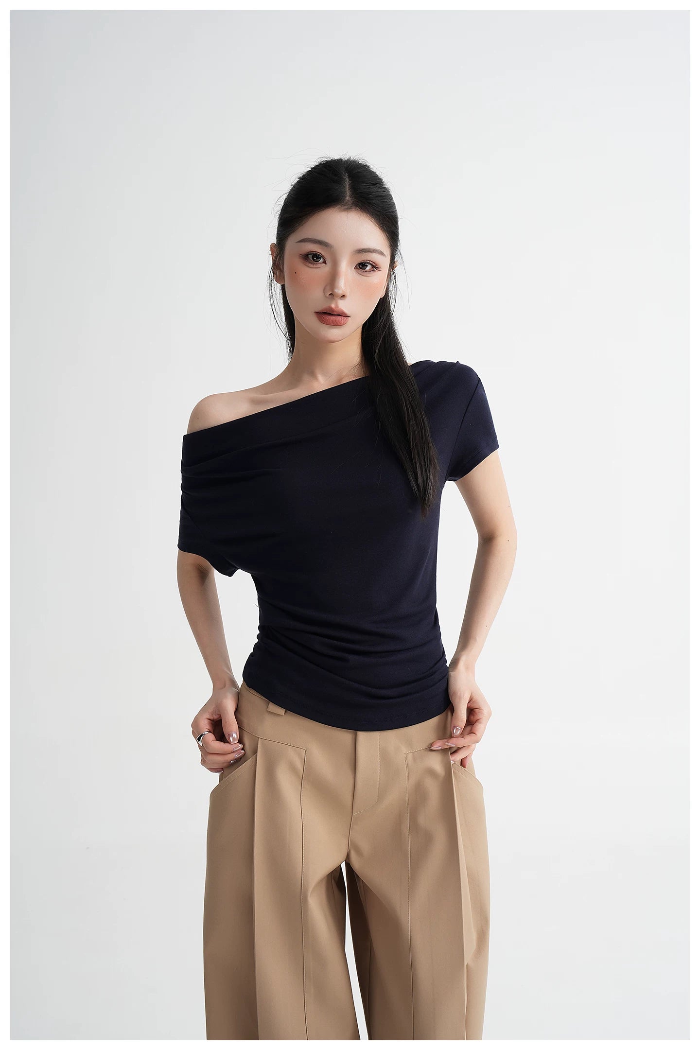 Draped Off-Shoulder Fitted Short Sleeve T-Shirt
