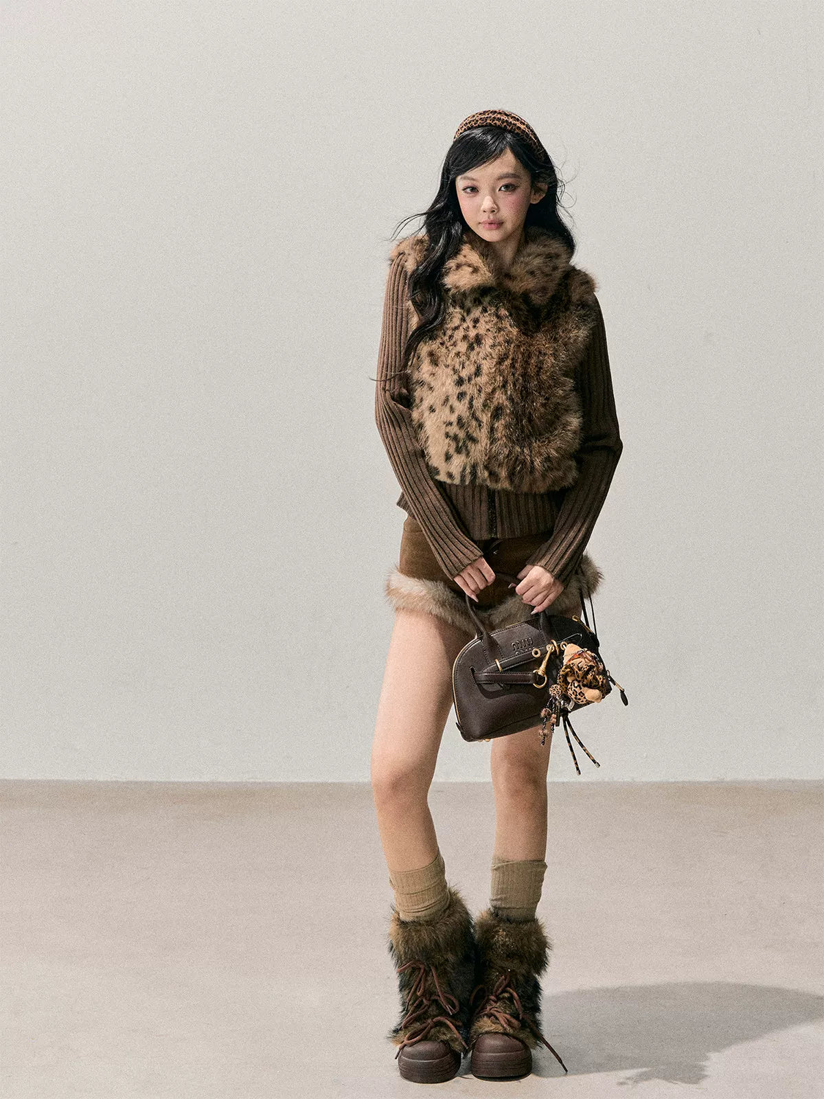 Faux Two-Piece Eco Fur Knit Jacket