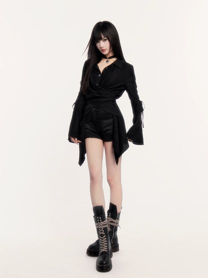 Lace-Up Flared Sleeve Slim-Fit Shirt