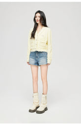 Milk Yellow & Gray V-Neck Knit Cardigan - CHINASQUAD