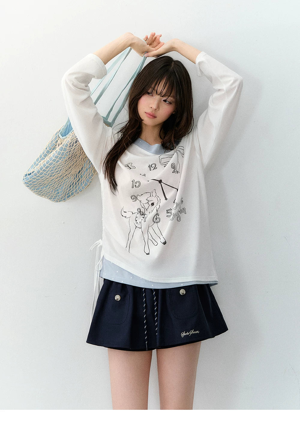 Clock Print Polka Dot Relaxed Long Sleeve blouse