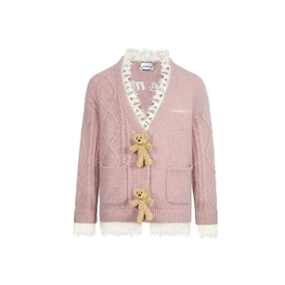 3D Plush Button Layered Knit Cardigan