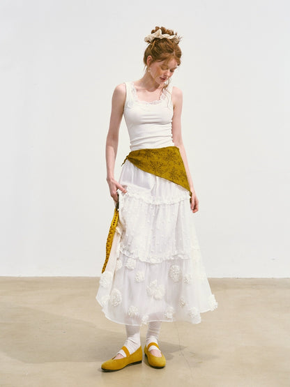 White Waist-Cinching Puff Cake Skirt