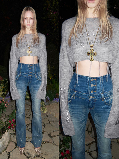 High-Waist Belted Slight-Flare Jeans