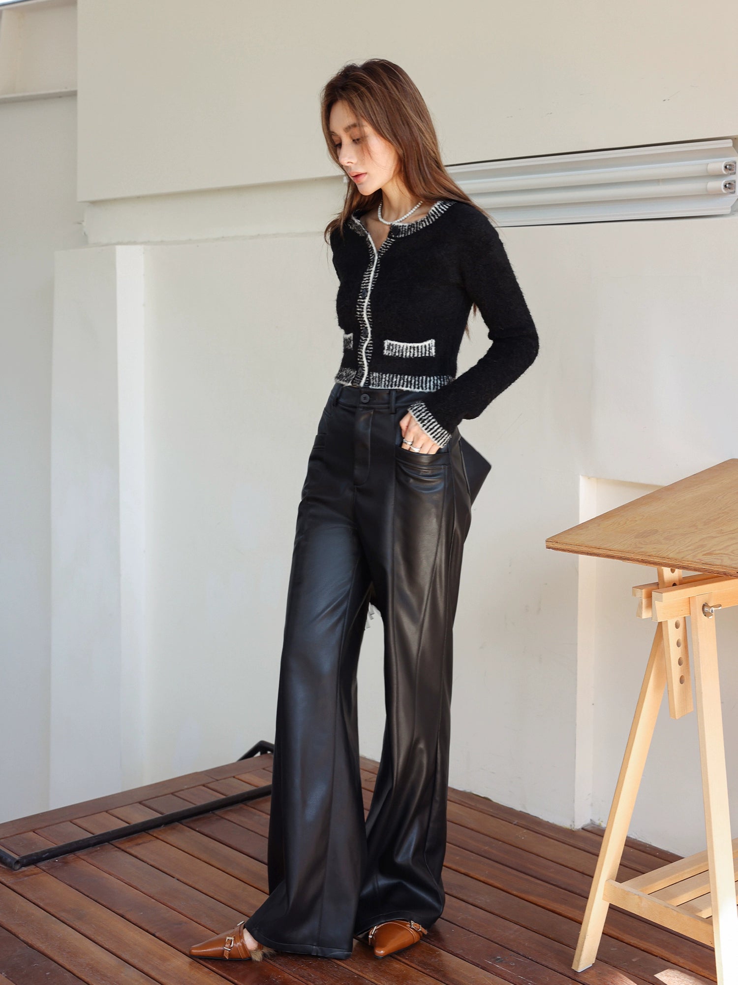 Black Flared Leather Pants - CHINASQUAD