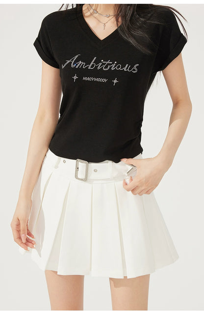 V-neck Waist-cinching Rhinestone Tee