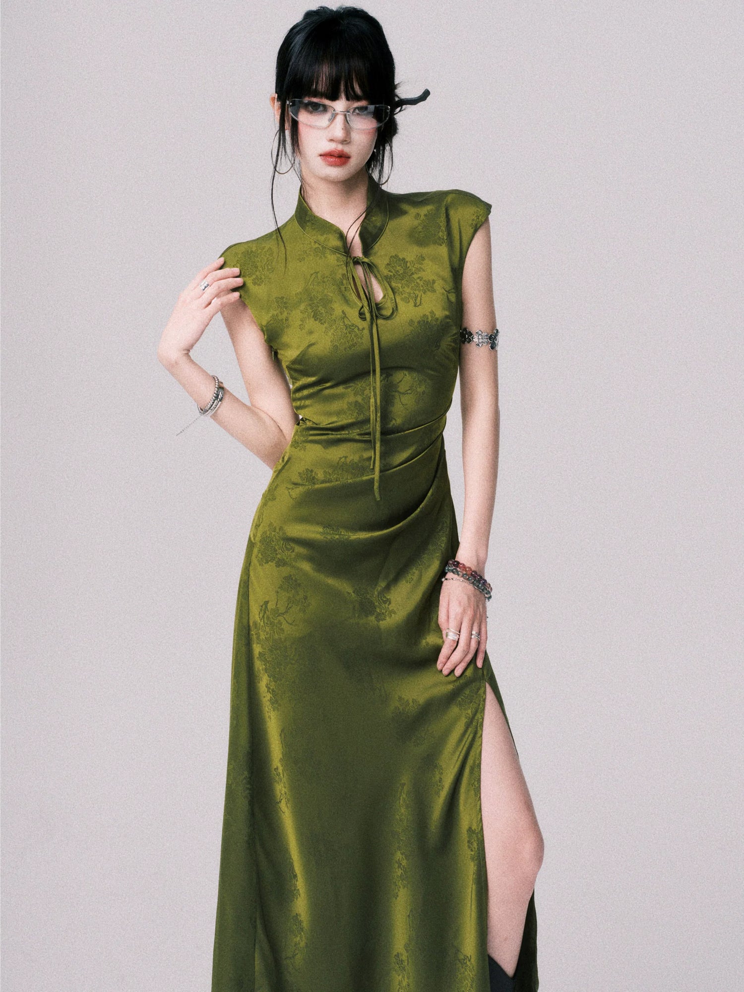 Chinese-Style Slit Cheongsam Maxi Dress