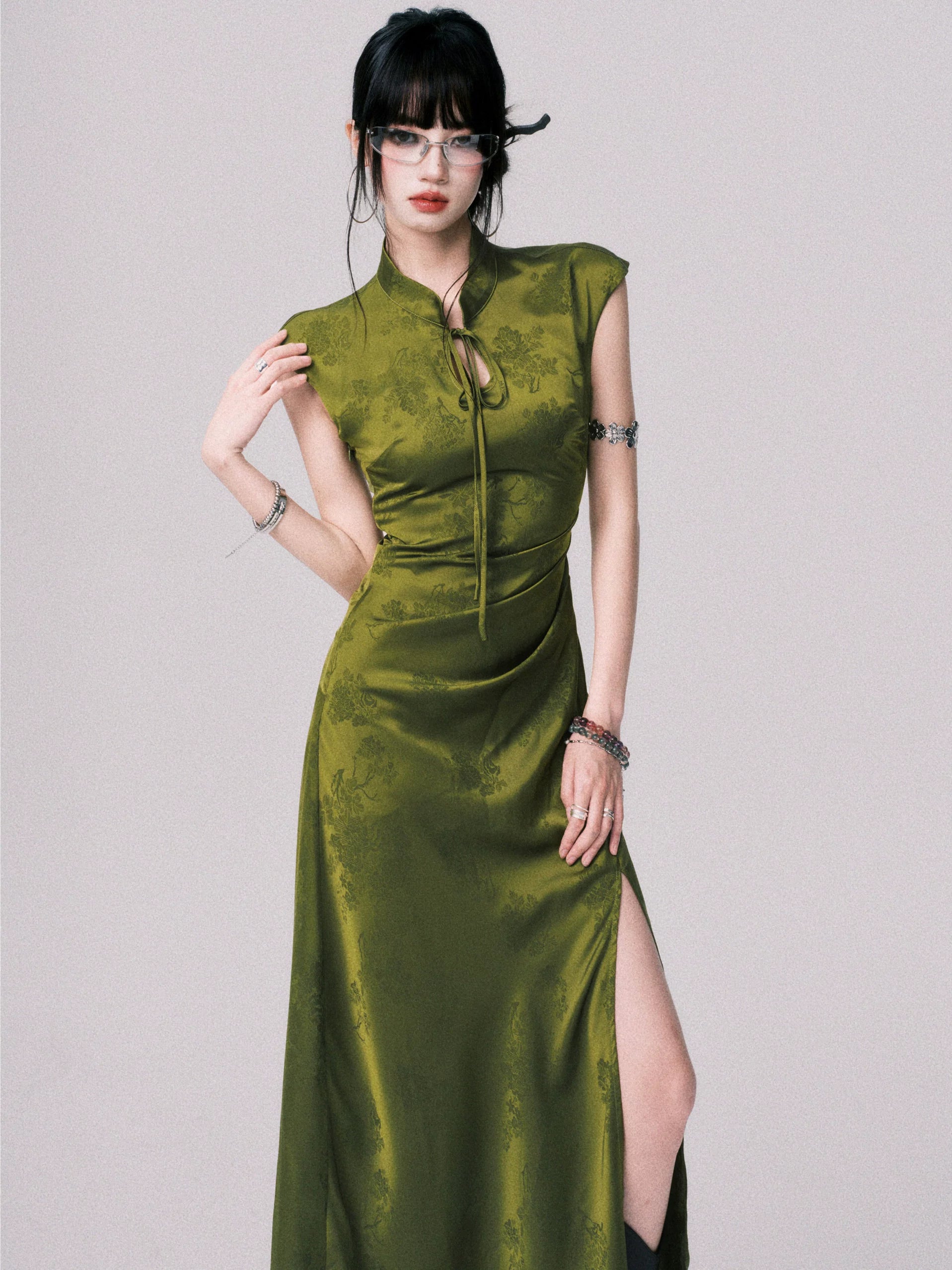 Chinese-Style Slit Cheongsam Maxi Dress