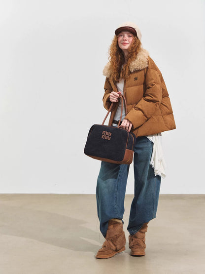 Faux Fur Collar Suede-Panel Down Jacket
