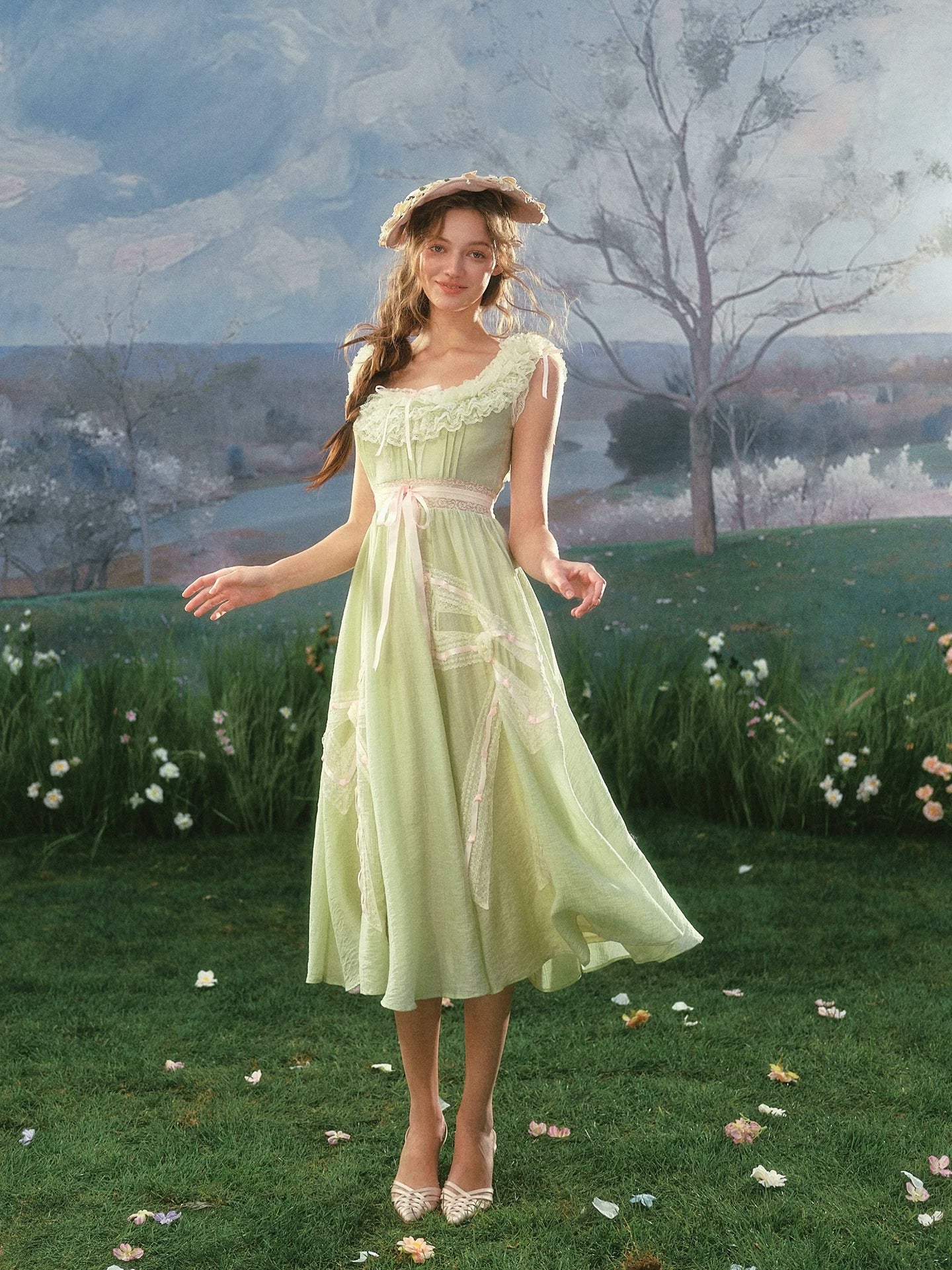 Green Kite Off-Shoulder Lace Fairy Dress