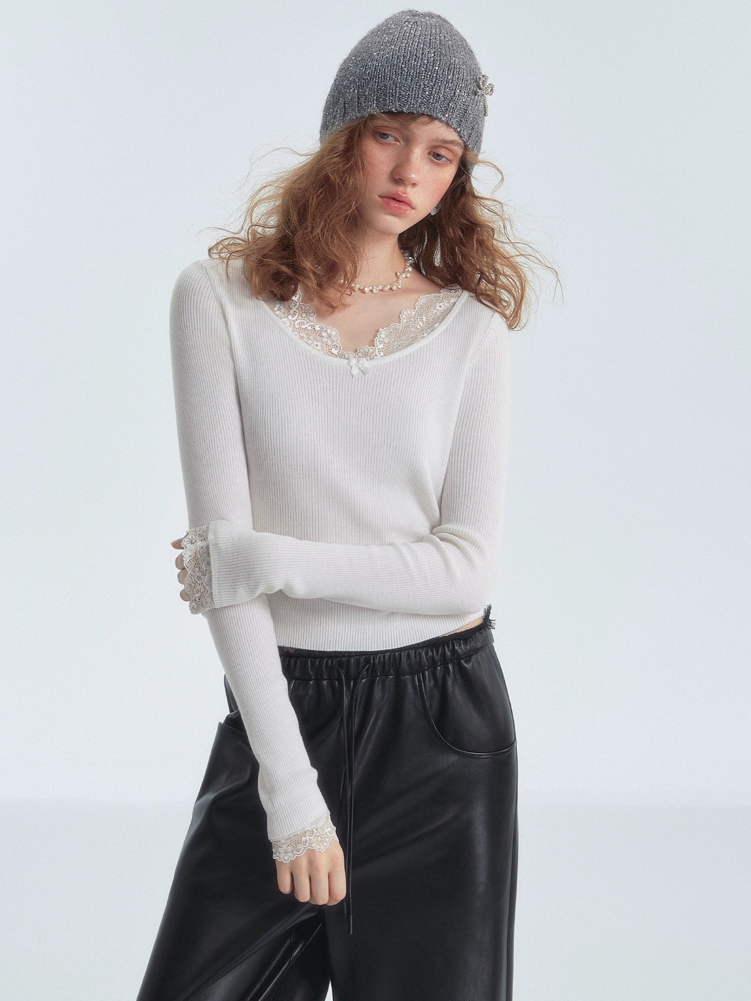 Lace-Trim Base Layer Knit Crewneck