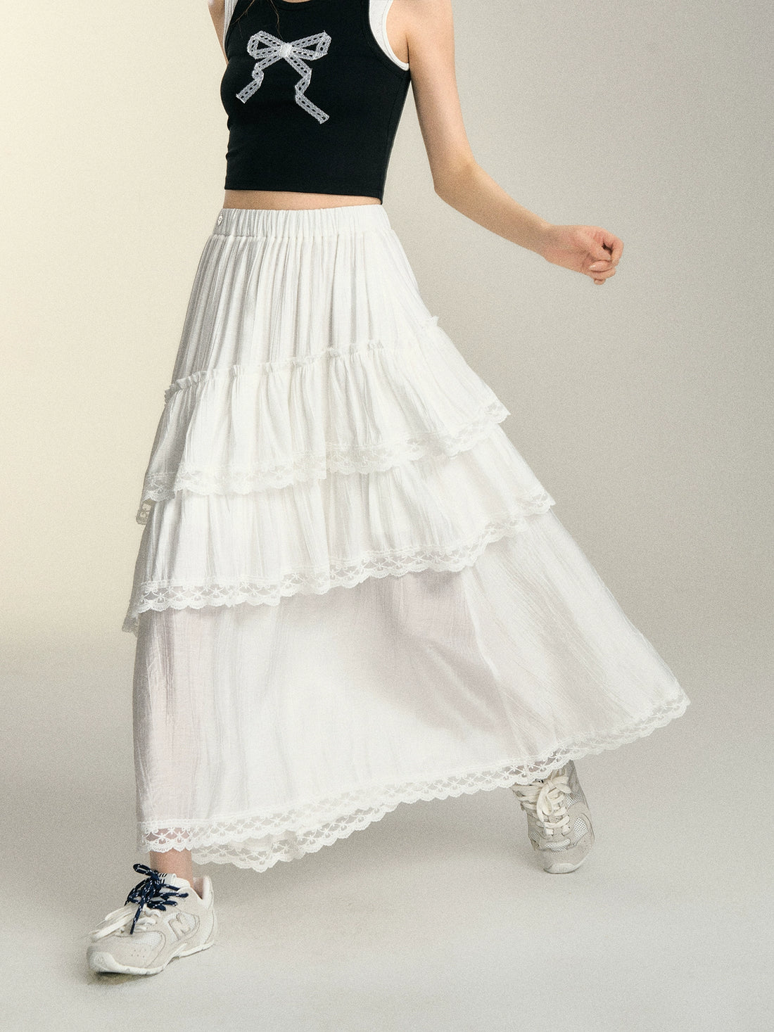 White Lace Patchwork Midi Skirt