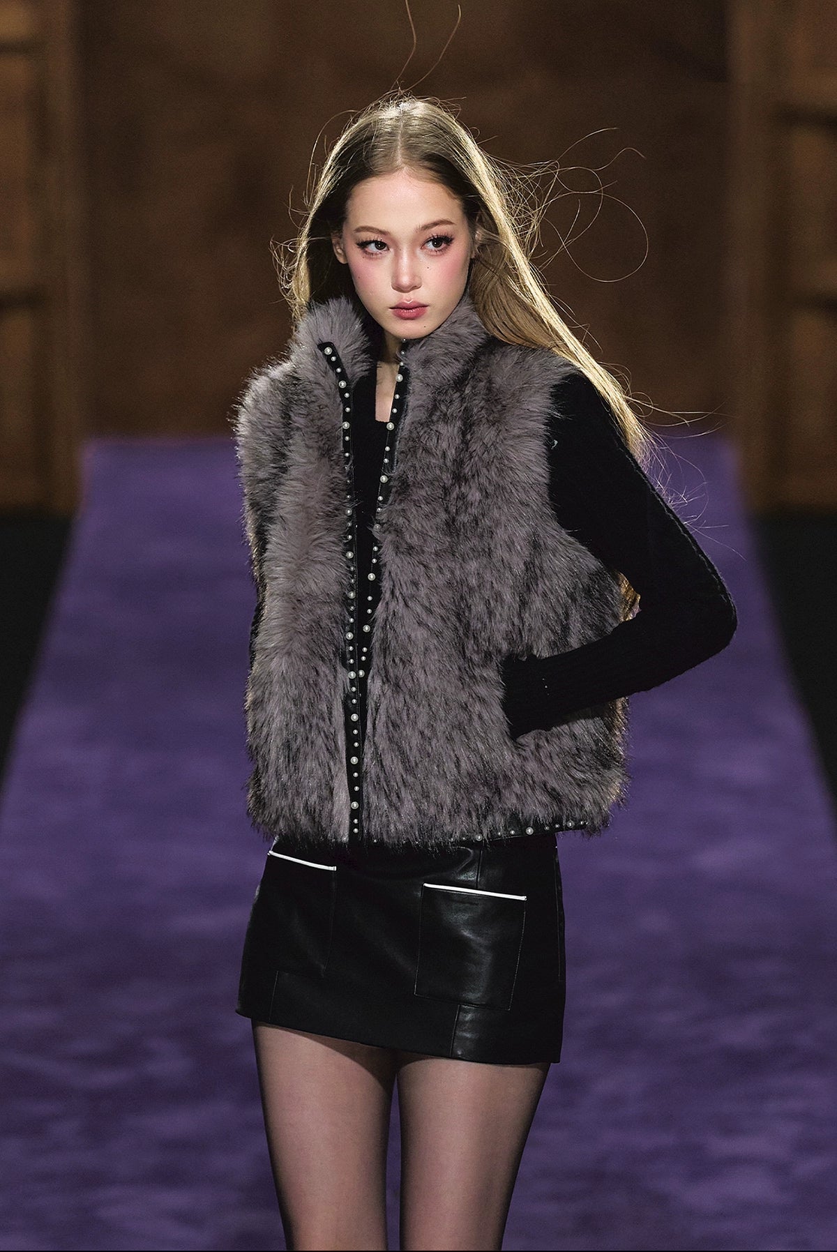 Beaded Faux Fur Layered Vest